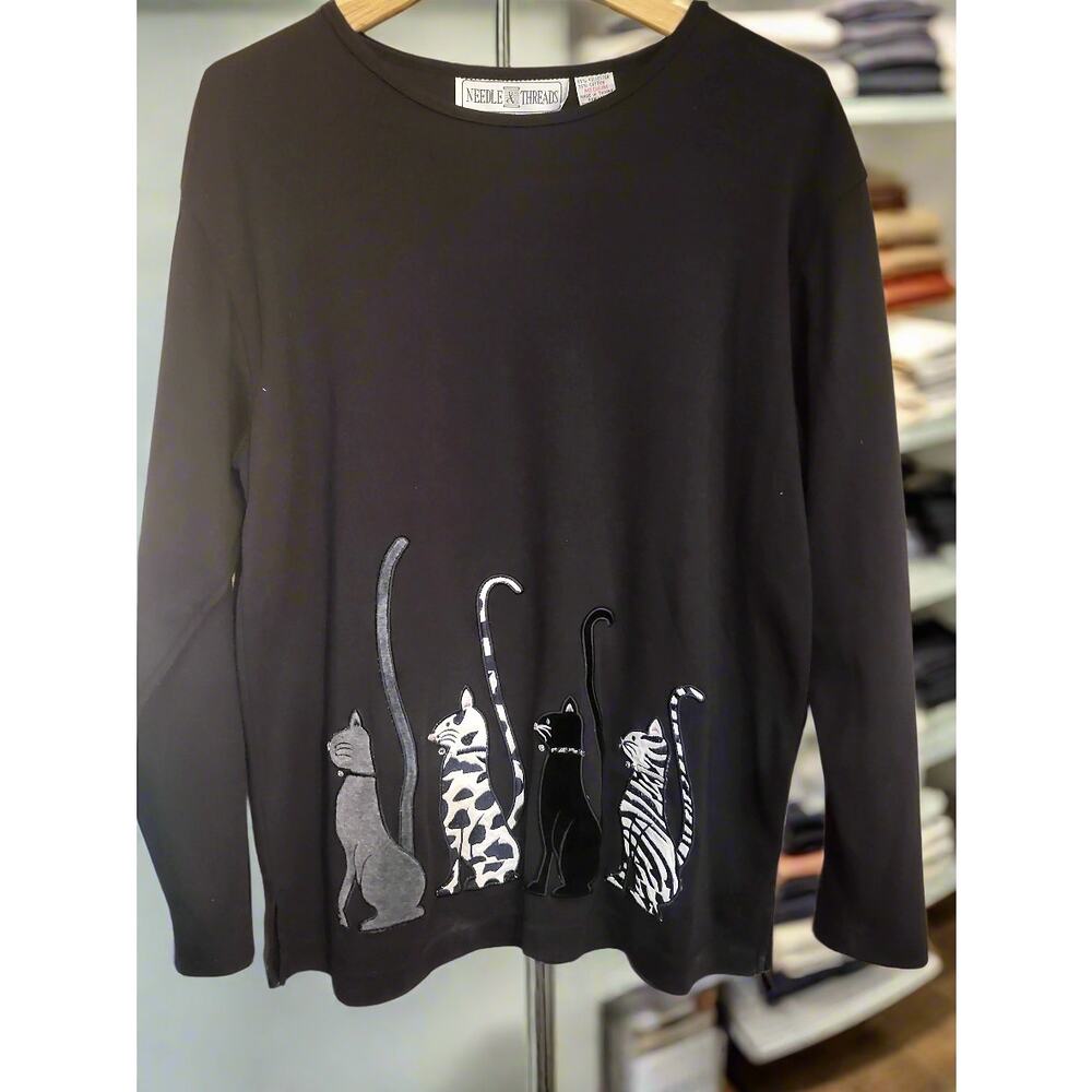 Vintage 1990's Needle & Threads Black Medium Long Sweatshirt 4 Embroidered Cats